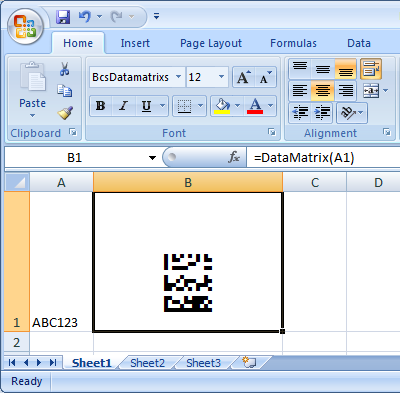 Excel Data Matrix barcode