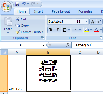 Excel Aztec barcode