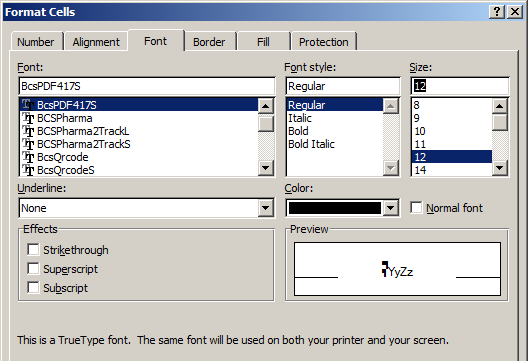 excel PDF417 font