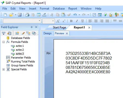 Aztec Code campo de fórmula crystal reports