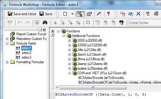 Aztec Code campos de fórmula crystal reports